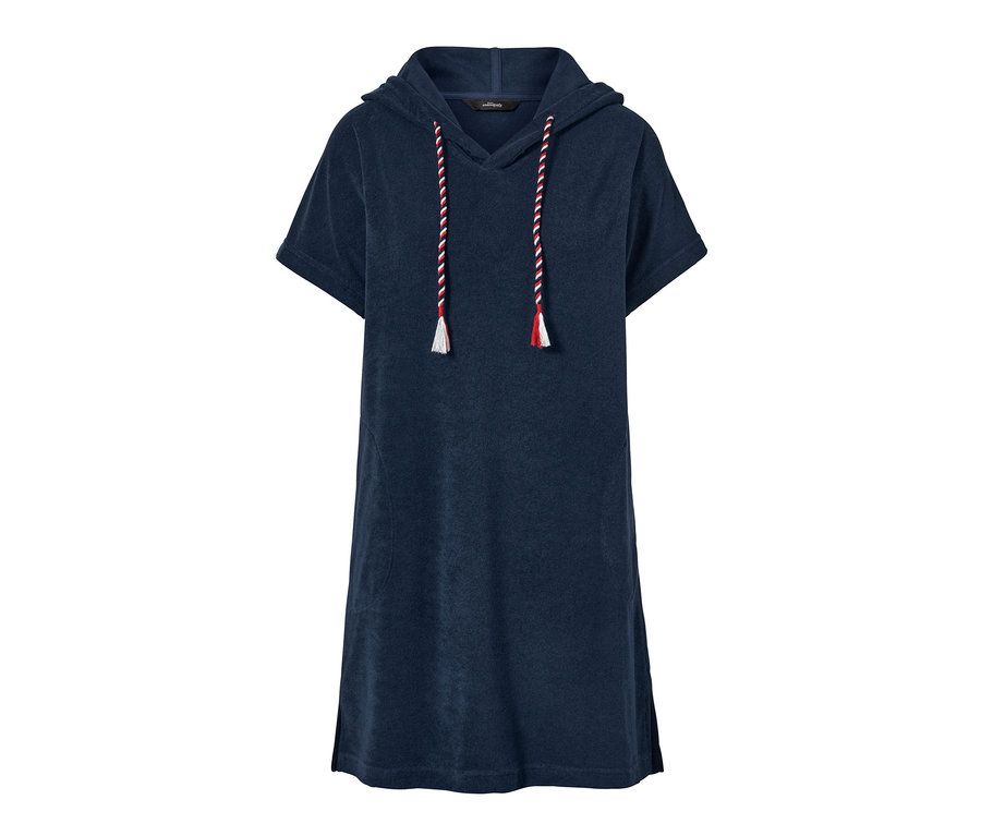 Blaues Frottee-Strandkleid mit Kapuze und Kordelzug.