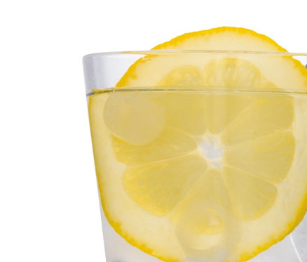 Ein Glas mit Eis und Zitrone neben einem silbernen Wilfa ICE-12S Eiswürfelbereiter.