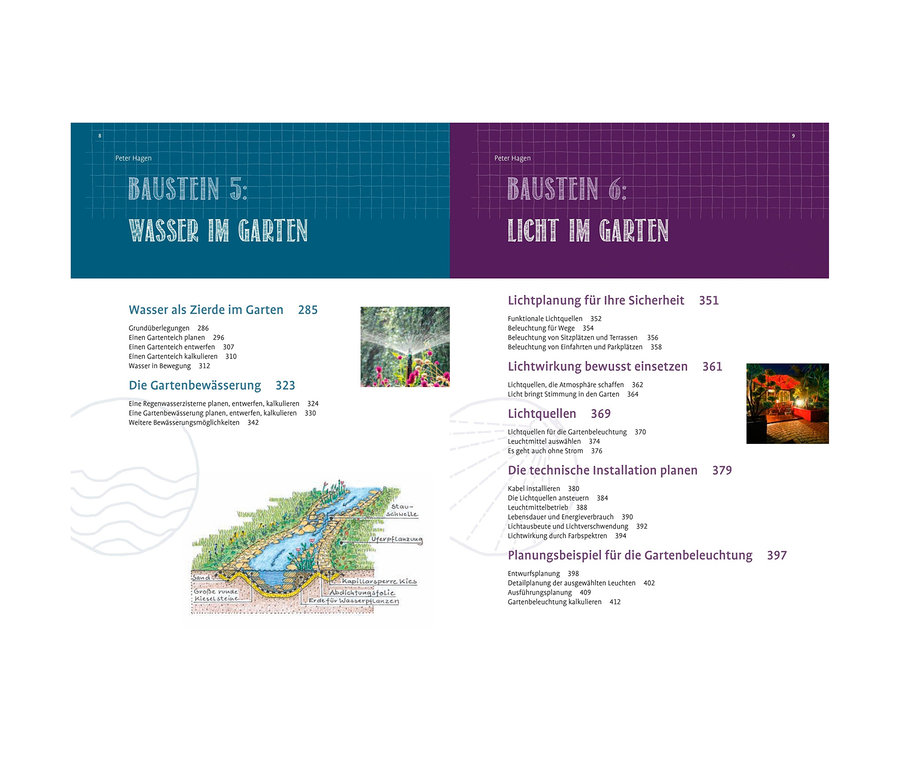 Eine Buchseite mit Abbildungen und Text zum Thema Gartengestaltung. Das Buch ist »Der neue grosse Gartenplaner«.