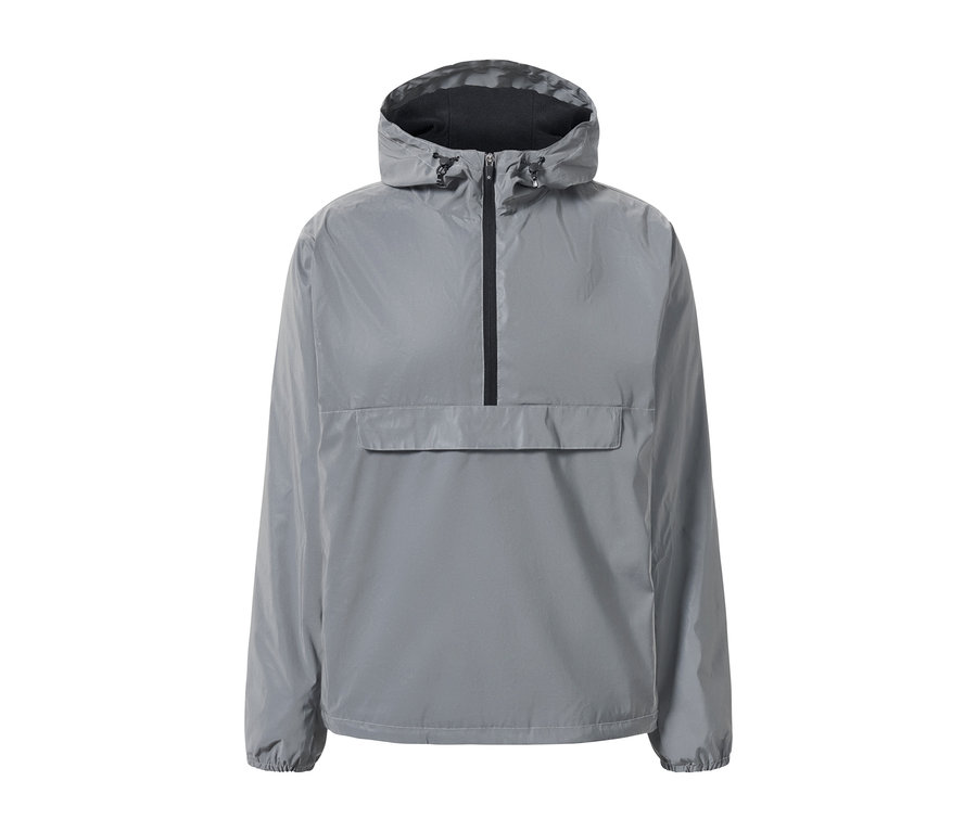 Grauer reflektierender Windbreaker mit Kapuze und schwarzem Reißverschluss.