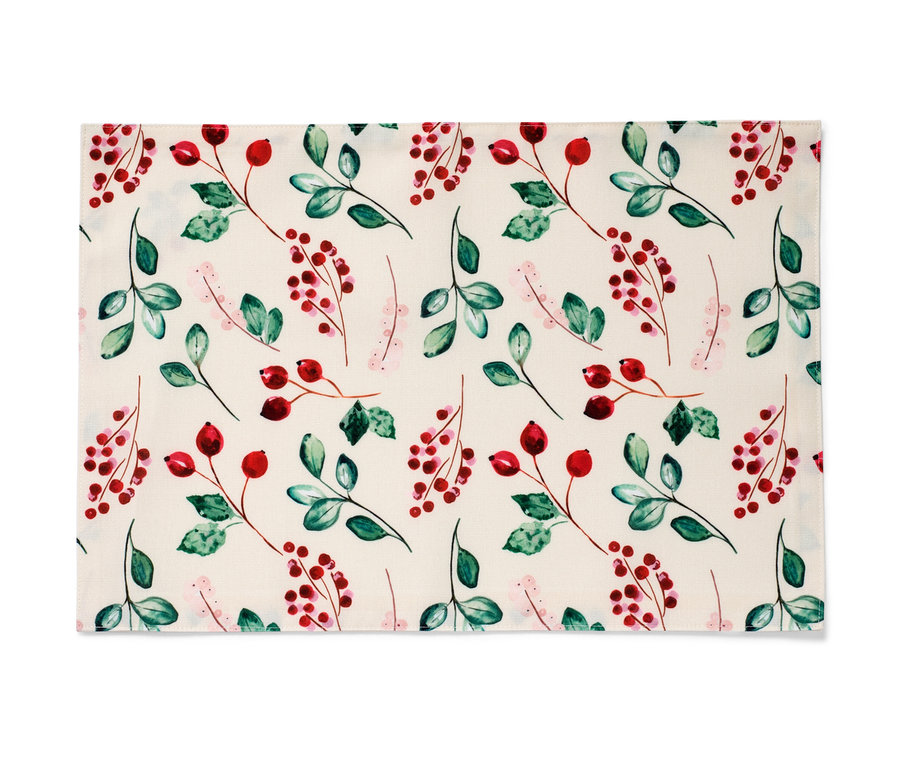 Quadratisches 4er-Set Wende-Platzsets mit rotem Beeren- und grünem Blättermuster.