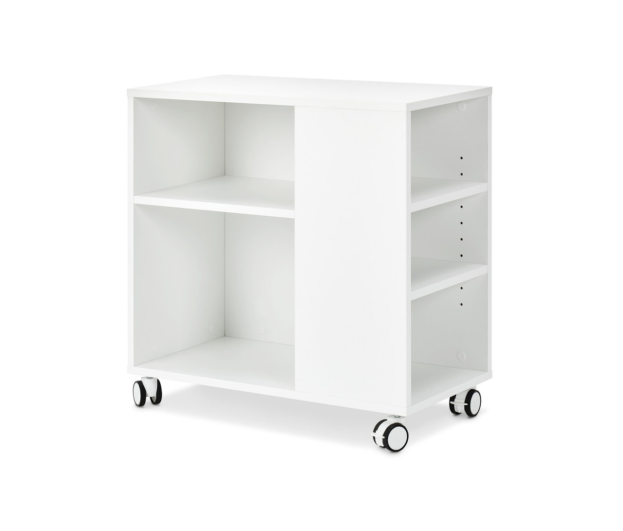 Weißes Stauraumregal mit Rollen, zwei Regalböden und drei verstellbaren Regalböden.