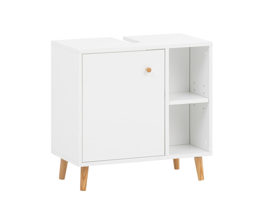 Weißer Waschbeckenunterschrank »Bjarne« mit Tür und offenen Regalen.