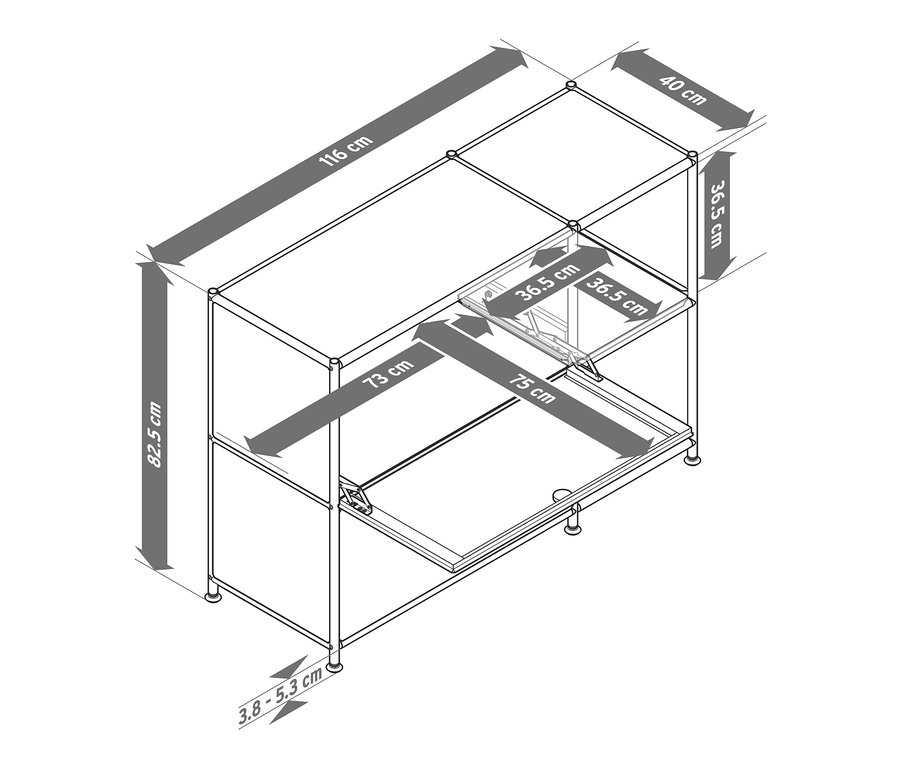 Eine Skizze des weißen Metall-Sideboards »CN3« mit 2 Klappenfächern und Abmessungen.