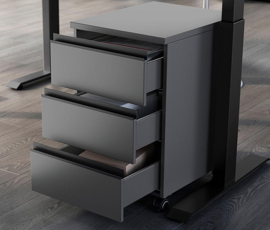 Teilweise ausgezogener, graphitfarbener Rollcontainer »Bedano« steht auf einem Holzboden.