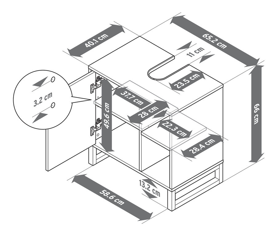 Eine Zeichnung von einem Waschbeckenunterschrank mit Tür und Seitenfach mit den dazugehörigen Massangaben.