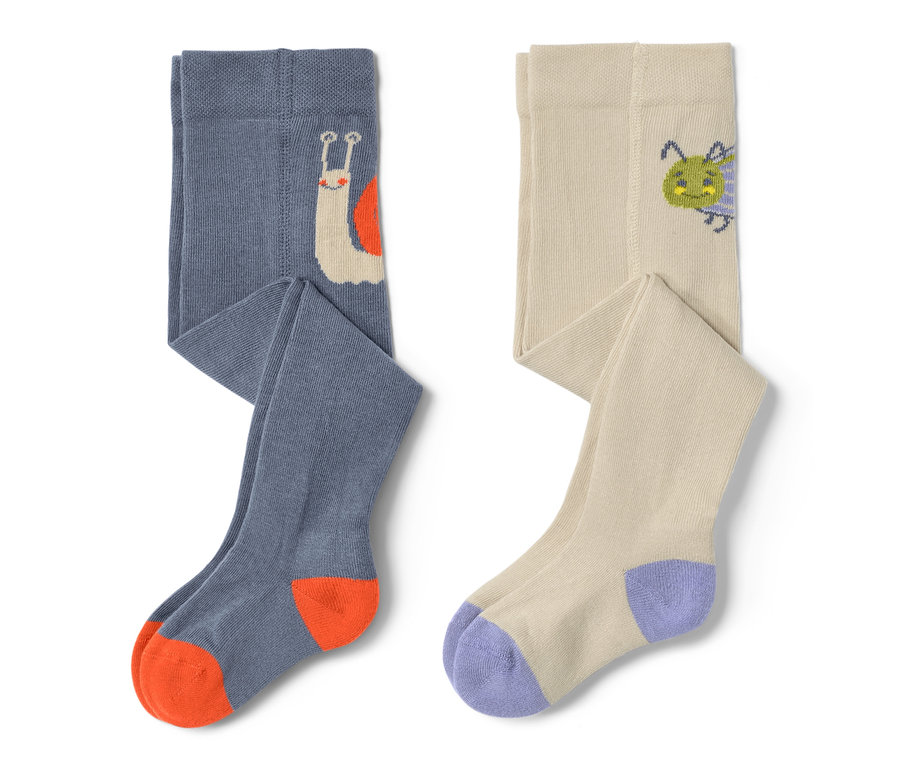 Zwei Baby-und-Kleinkind-Strumpfhosen mit Schnecken- und Käfermotiven.