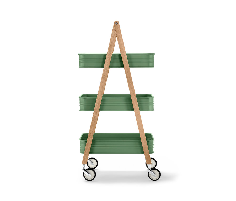 Ein grüner Küchen-Servierwagen mit drei Ablagen und Holzrahmen.
