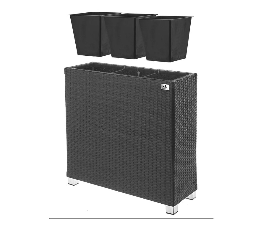 Anthrazitfarbener 2-in-1-Pflanzgefäß-und-Raumteiler aus Polyrattan, ca. 73 x 76 cm.