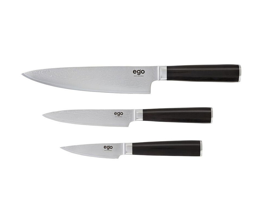 Drei WILFA 3-teiliges Messer-Set »EGO VG« Messer liegen übereinander auf einem weißen Hintergrund.