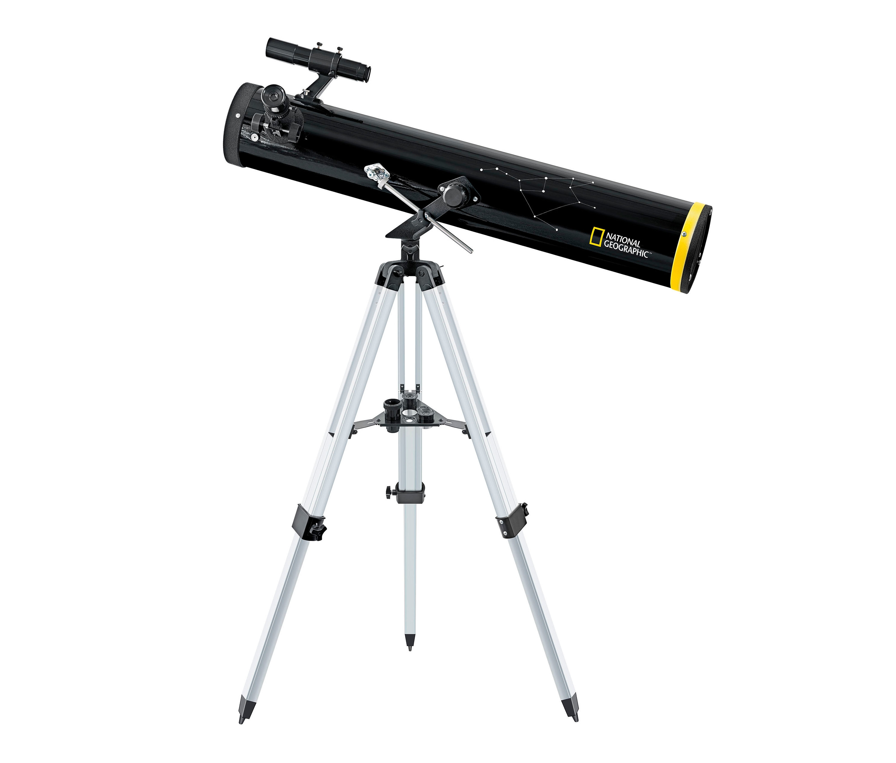 Schwarzes National Geographic 114/900-Reflektor-Teleskop AZ auf einem silbernen Stativ.