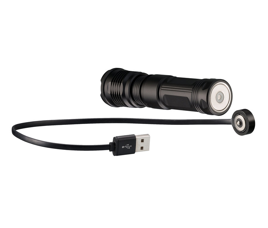 Eine schwarze NATIONAL GEOGRAPHIC ILUMINOS 1000 LED-Zoom-Taschenlampe mit USB-Kabel.