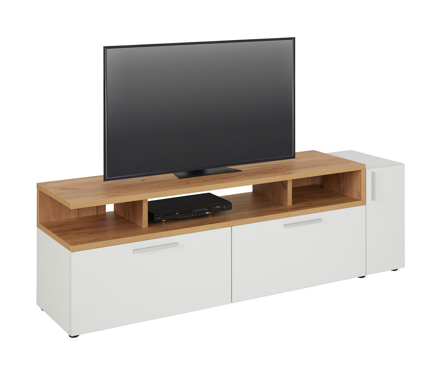 Fernseher steht auf braun-weißem Lowboard »Nonza«.
