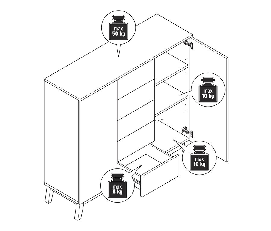 Zeichnung eines Highboards mit offenen Türen und Schublade.