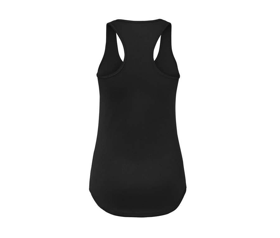 Detailansicht von hinten auf ein dunkelblaues 2-in-1-Kurzarm-Sportshirt.