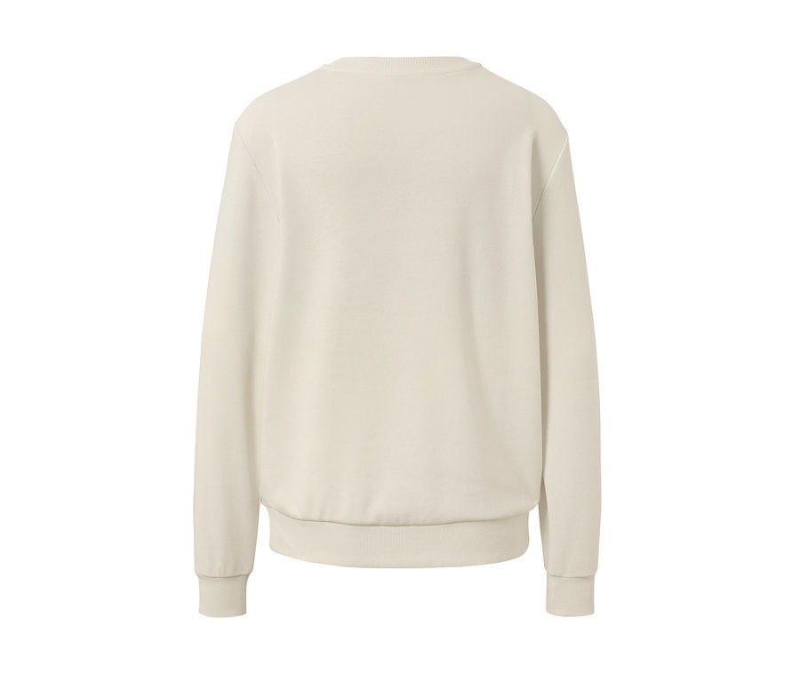 Ein cremefarbenes Sweatshirt mit Stickerei von hinten.