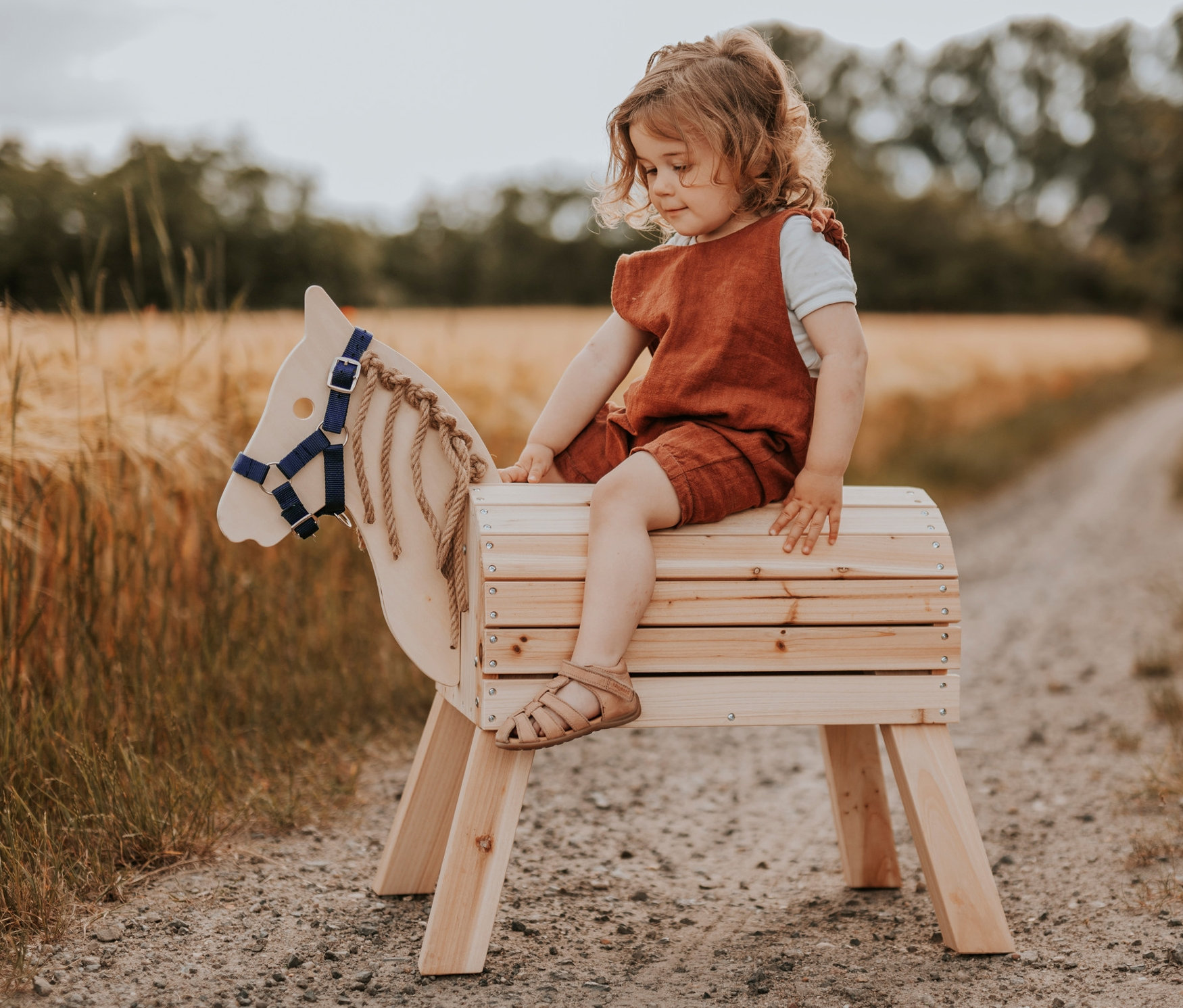 Kind sitzt auf small foot Holzpferd, kompakt auf Feldweg.