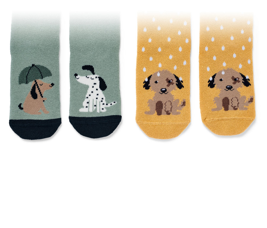 Zwei Paar Kinder-Antirutsch-Socken mit Hundemotiven.