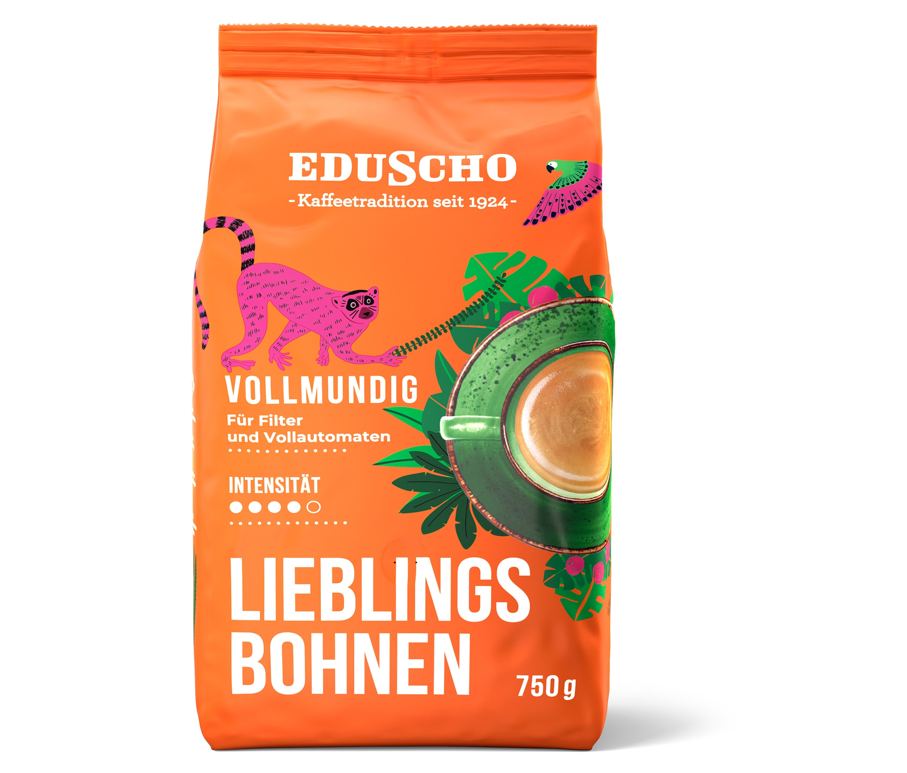 Orangefarbene Packung Eduscho Lieblingsbohnen Vollmundig mit einer Abbildung einer Tasse Kaffee.