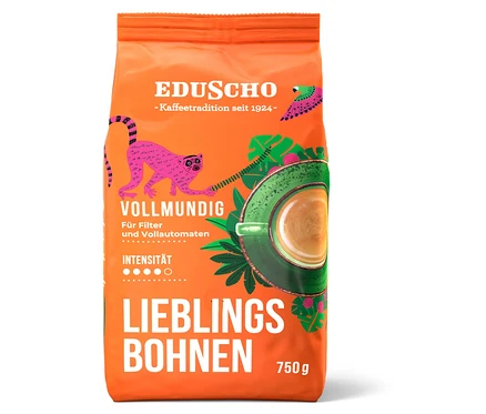 Orangefarbene Packung Eduscho Lieblingsbohnen Vollmundig mit einer Abbildung einer Tasse Kaffee.
