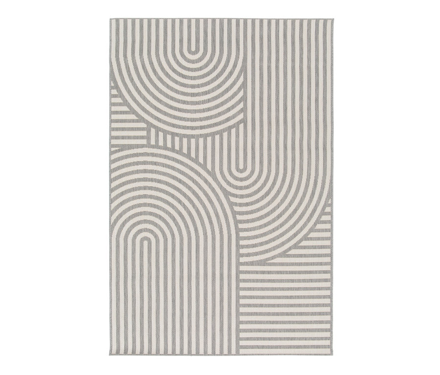 Grau-weißer Outdoor-Teppich »Arc Symphony« mit geometrischem Muster aus Halbkreisen und geraden Linien.