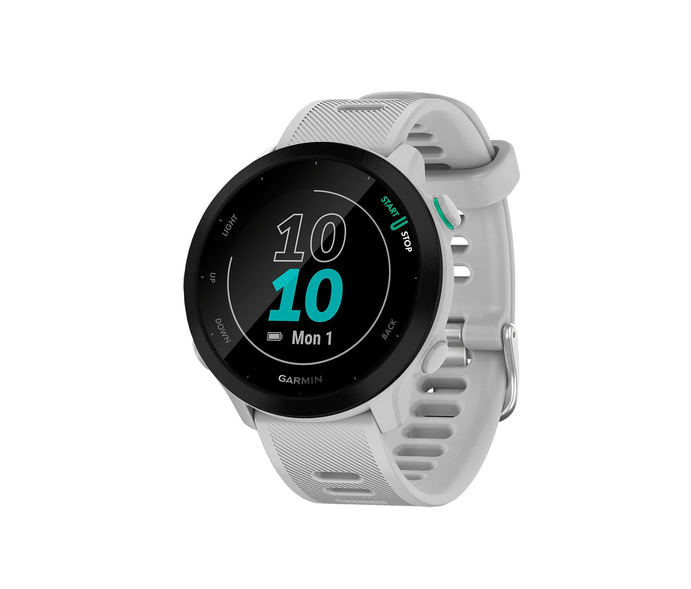 Die weiße GARMIN Forerunner 55 mit schwarzem Display zeigt die Uhrzeit 10:10.