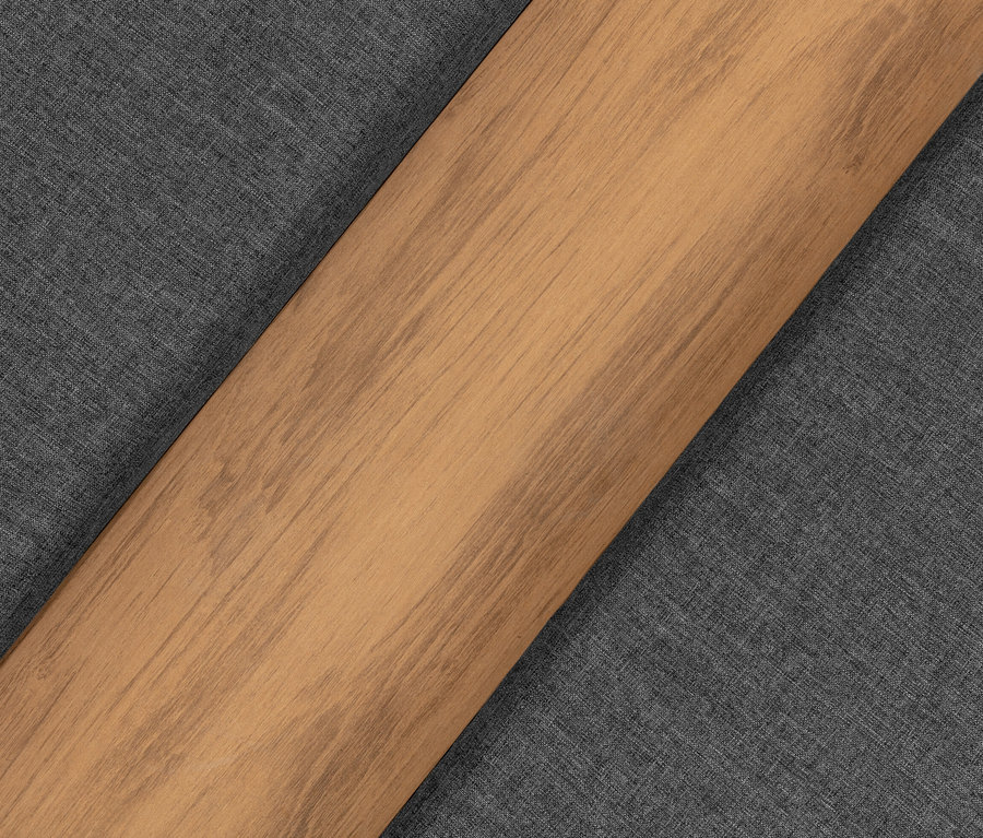 Detailansicht eines grauen Stoffes und eines Daybeds mit hochklappbarem Mitteltablett.