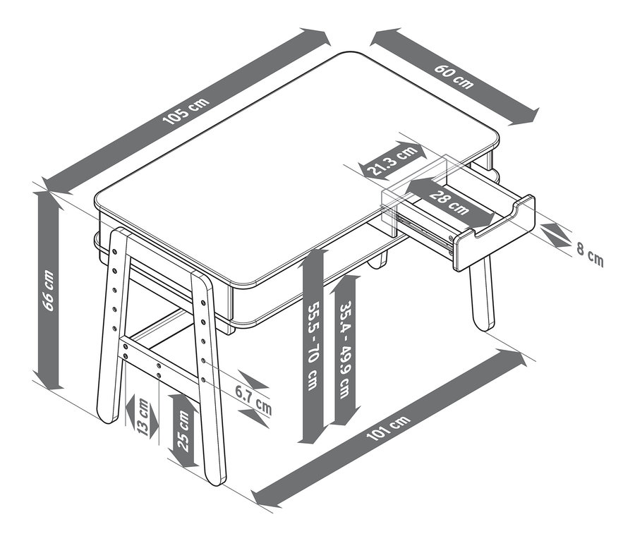 Diagramm eines höhenverstellbaren Basteltisches mit Maßangaben. Der Tisch hat eine rechteckige Platte und eine Schublade.