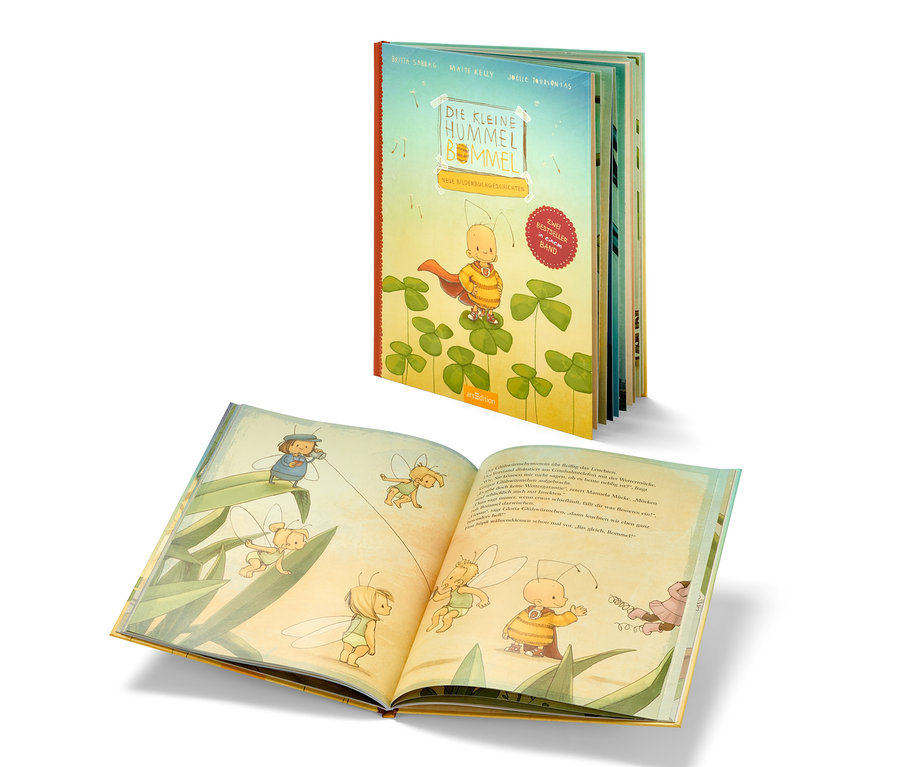 Geöffnetes Buch "Die kleine Hummel Bommel – neue Bilderbuchgeschichten" mit Illustrationen.