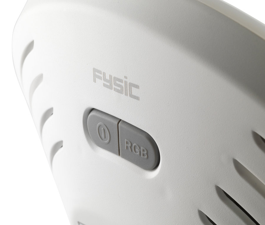 Detailaufnahme einer weißen Tageslichtlampe mit Ein/Aus- und RGB-Taste.