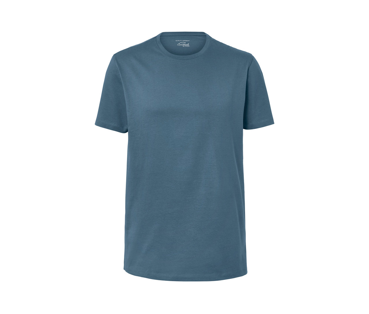 Ein blaues T-Shirt mit kurzen Ärmeln und Rundhalsausschnitt.