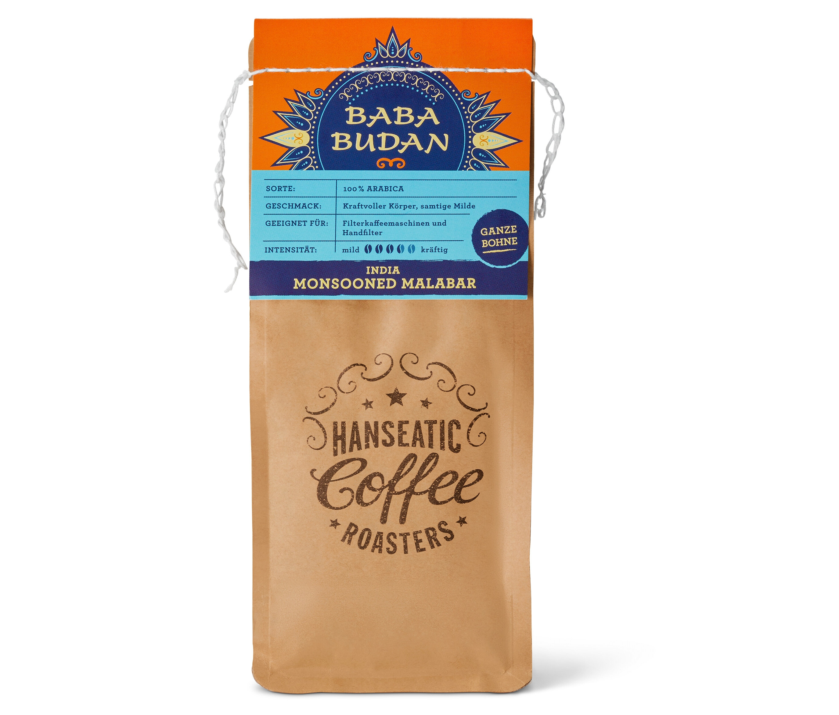 Eine Packung Hanseatic - Baba Budan Filterkaffee - 250 g ganze Bohne.