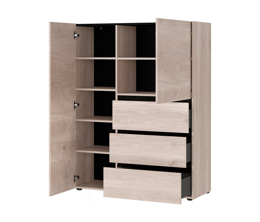 Offenes, helles Holz-Highboard "Cantoria" mit Regalen und Schubladen.