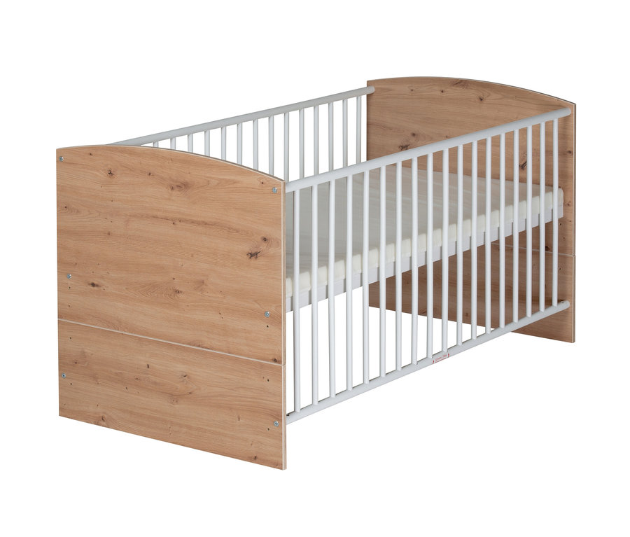 Schardt Babybett »Pepe«, 70 x 140 cm mit weißen Stäben und Holzenden.