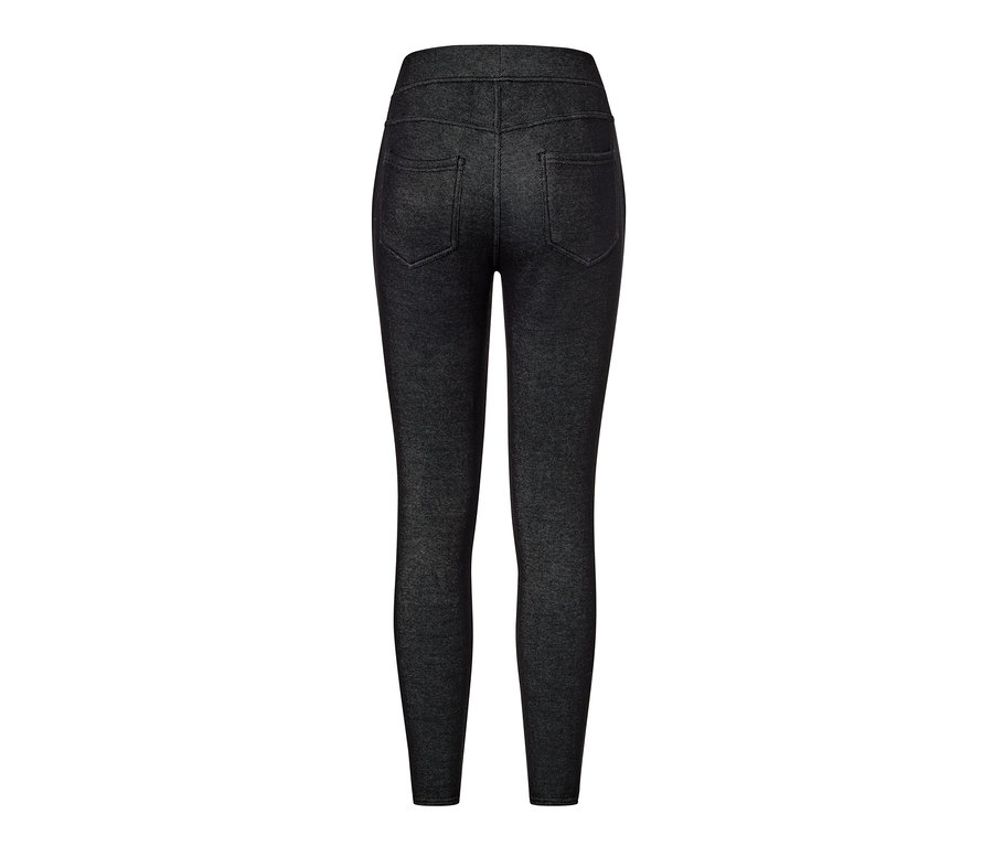 Schwarze gefütterte Leggings in Jeansoptik, Rückansicht.
