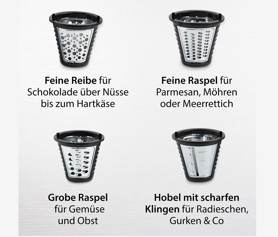Vier Aufsätze für die ADE Elektrische Reibe »KA1802« auf weißem Hintergrund.