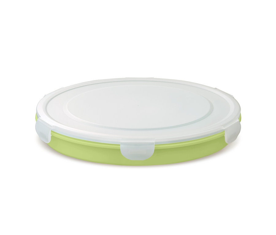 Eine geschlossene, faltbare Salatschüssel mit hellem Deckel.