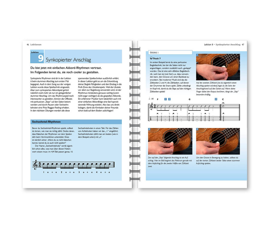 Eine Seite einer Ukulelen-Lektion mit Diagrammen und Anweisungen. Voggenreiter VOLT Concerto-Ukulelen-Set »Milano« ist möglicherweise sichtbar.