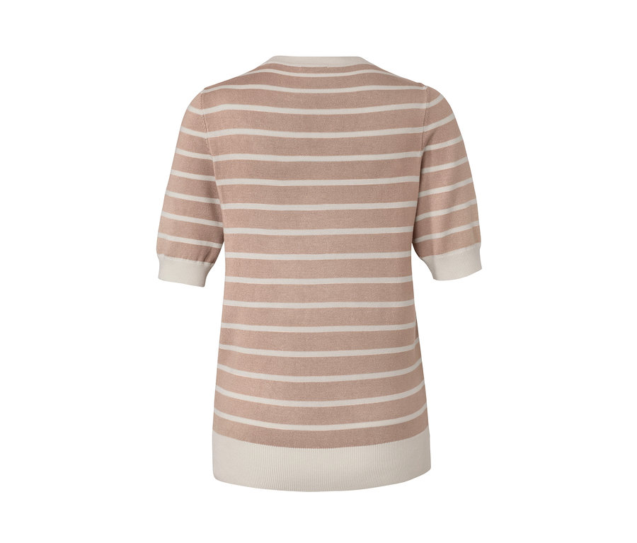 Rückansicht eines gestreiften Feinstrickpullovers mit kurzen Ärmeln.