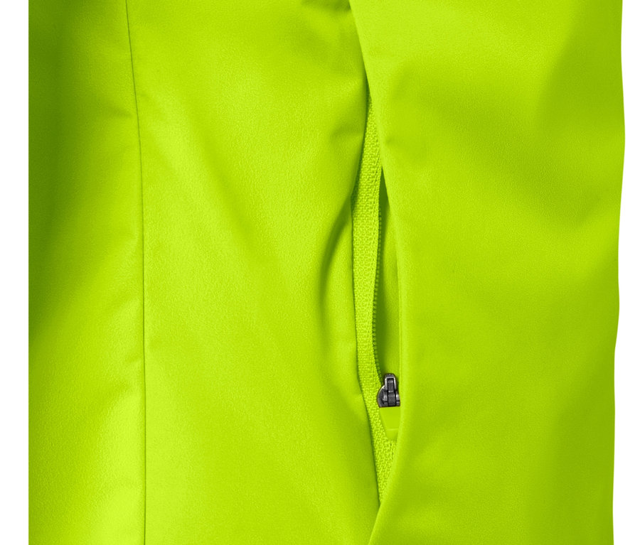 Detail einer neonlimefarbenen Windprotection-Laufjacke mit Reißverschlusstasche.