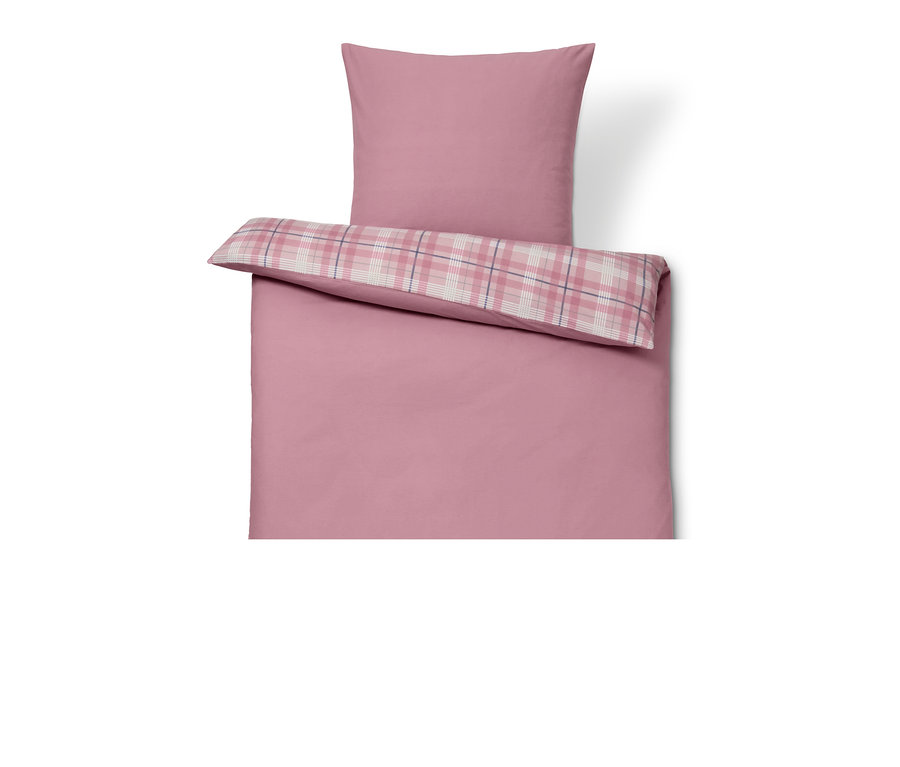 Rosa Biber-Bettwäsche in Normalgröße mit kariertem Rand und Kissen.