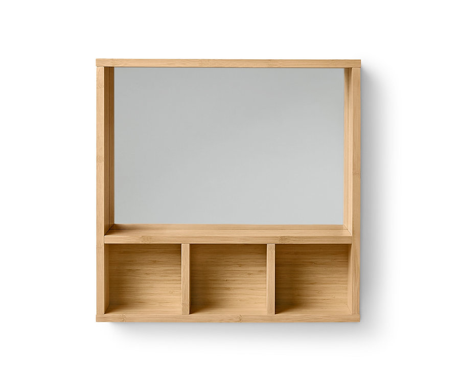 Rechteckiger Spiegel mit Rahmen und drei Ablageflächen.