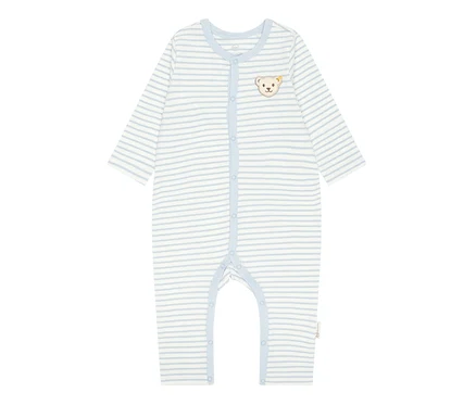 Hellblauer, gestreifter Steiff Baby-Strampler mit Knopfleiste und Teddybär-Applikation.