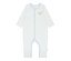 Hellblauer, gestreifter Steiff Baby-Strampler mit Knopfleiste und Teddybär-Applikation.