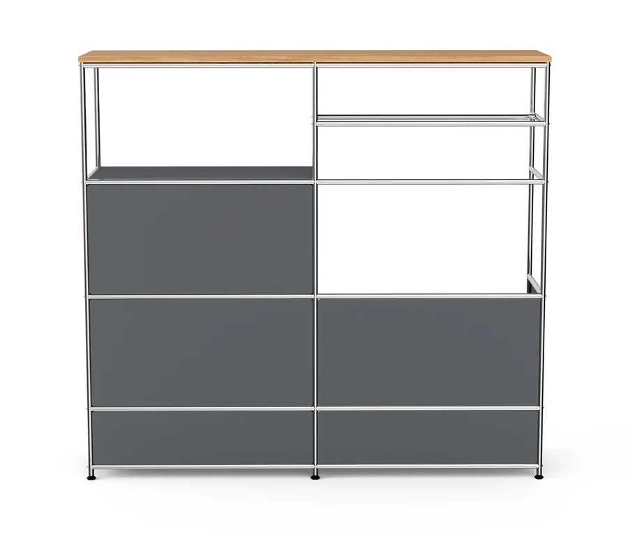Graue Kommode Metall »CN3« mit Holzplatte, 1 Kleiderstange, 1 Klappenfach und 3 Schubladen.