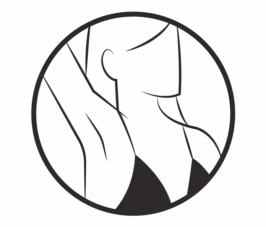 Schwarz-Weiß-Illustration einer Frau mit rasierten Achselhöhlen in einem Kreis. Produkt: Elektrischer Multifunktionsrasierer.