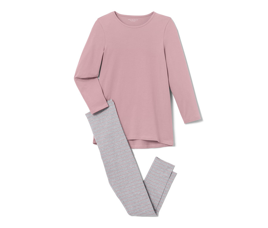 2 Kinder-Pyjamas: ein rosafarbenes Oberteil und eine grau-gestreifte Hose.