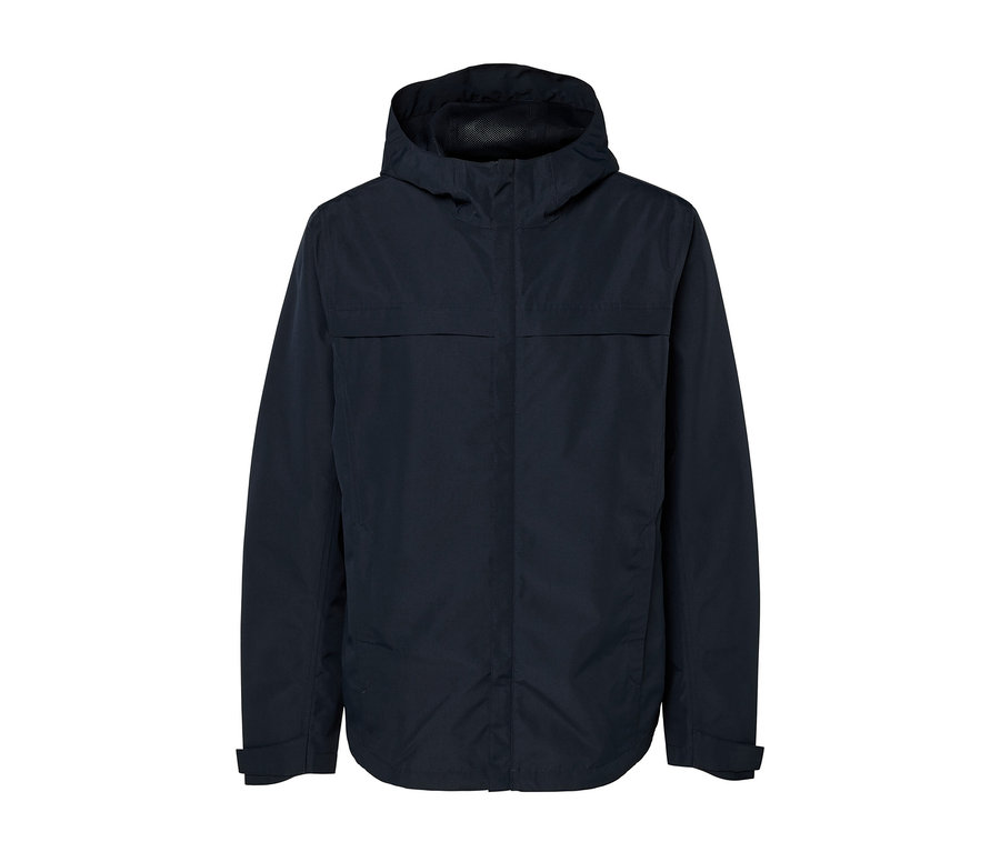 Dunkelblauer Funktionsparka mit Kapuze.