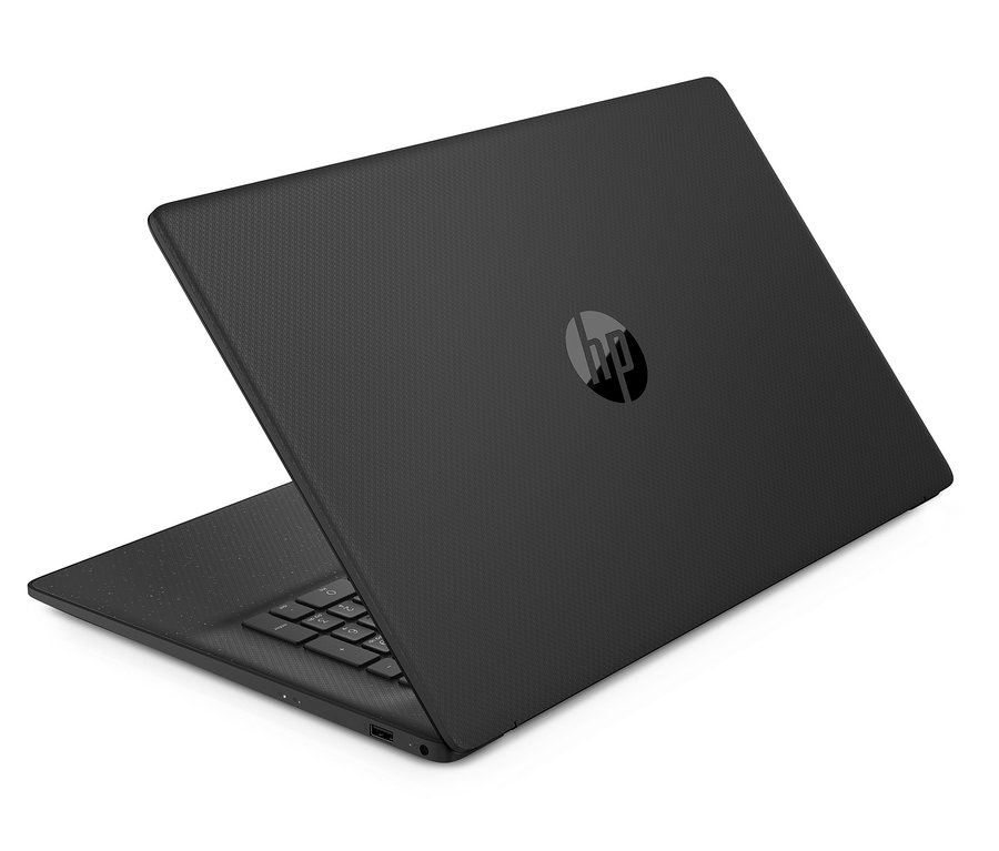 Schwarzes HP 17-cn0430ng Notebook ist leicht geöffnet, die Tastatur ist sichtbar.