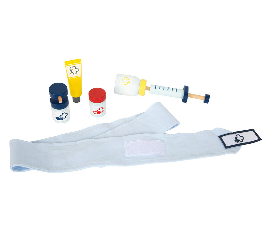 Spielzeug-Arztkoffer mit Verband, Spritze und Medikamenten.
